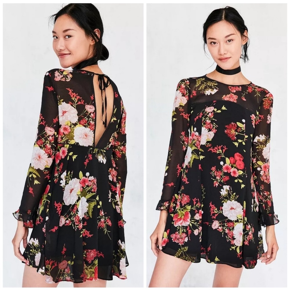 UO Kimchi Blue Dragonfly Sheer Black Floral Yoke Mini Frock Dress
